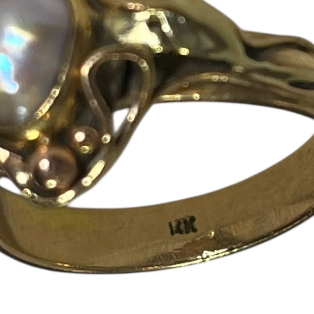 Womans 7.25 14K Tri-Color Gold Ring w/ Freshwater Pearl, Leaf Pattern 5.79g - Picture 6 of 12